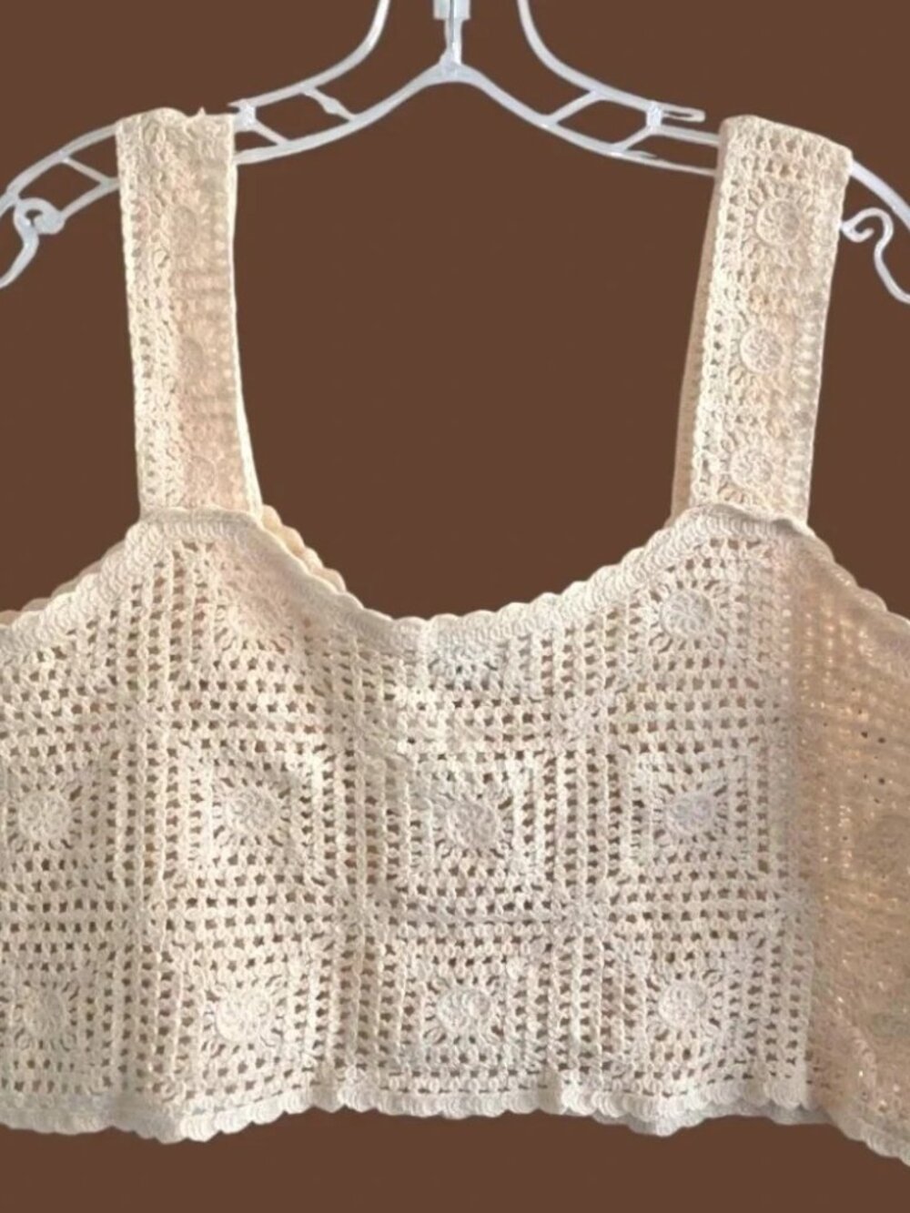 Crochet knit top granny square pattern thick textured straps scallop trim #0177